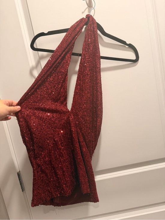 Astr Tops - ASTR Red Sequin Open Back Halter Top